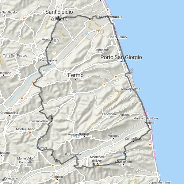 Map miniature of "The Hilltop Villages Tour" cycling inspiration in Marche, Italy. Generated by Tarmacs.app cycling route planner