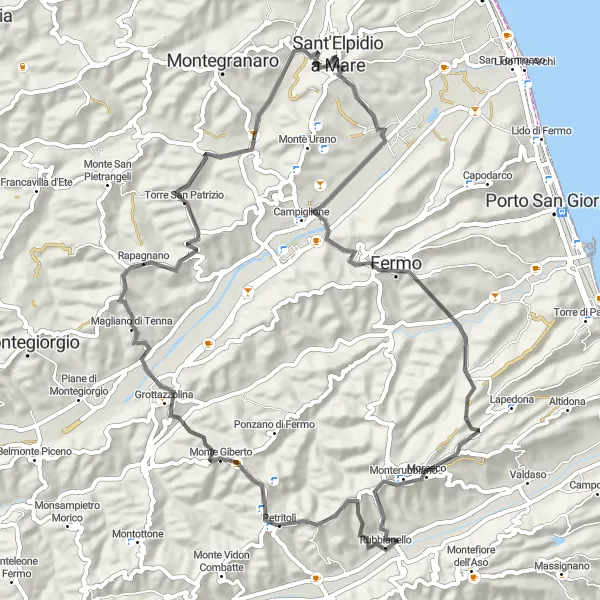 Miniature de la carte de l'inspiration cycliste "Le Tour de la Colline de Fermo" dans la Marche, Italy. Générée par le planificateur d'itinéraire cycliste Tarmacs.app