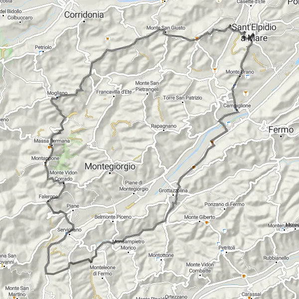 Miniature de la carte de l'inspiration cycliste "Les Montagnes et Villages des Marches" dans la Marche, Italy. Générée par le planificateur d'itinéraire cycliste Tarmacs.app