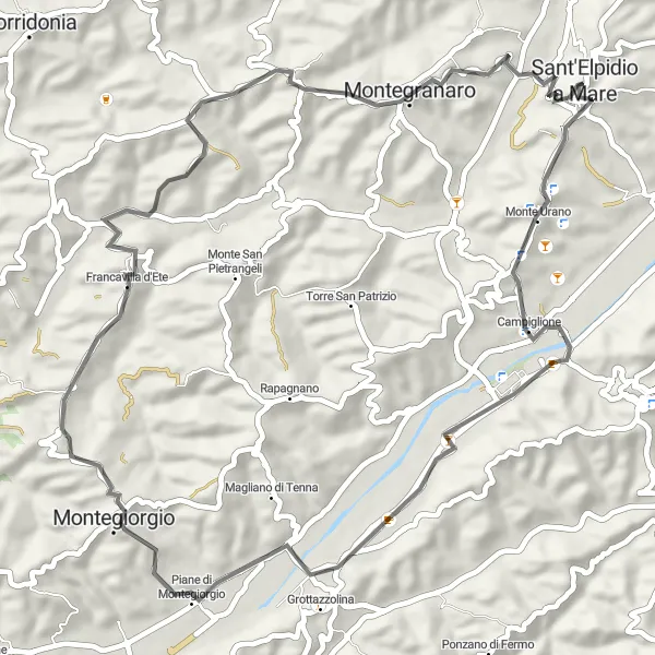 Map miniature of "Scenic Routes" cycling inspiration in Marche, Italy. Generated by Tarmacs.app cycling route planner