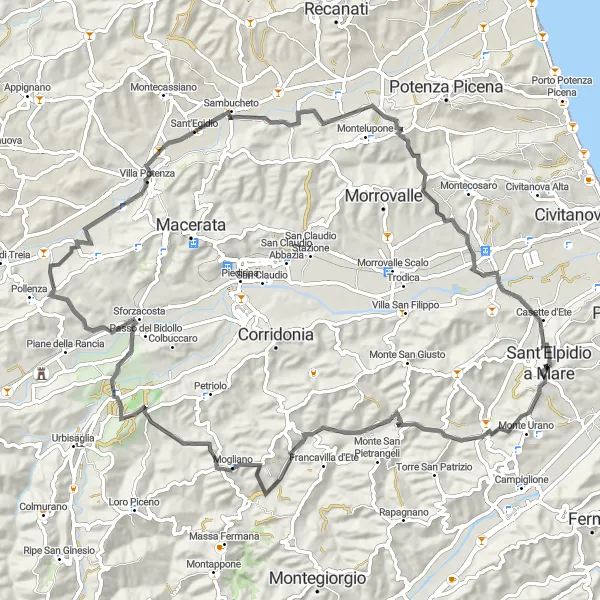 Miniatuurkaart van de fietsinspiratie "Ontdek Abbadia Fiastra en Panorama" in Marche, Italy. Gemaakt door de Tarmacs.app fietsrouteplanner