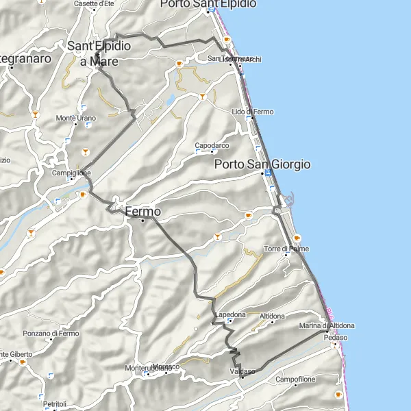Karten-Miniaturansicht der Radinspiration "Hügeliges Road-Biking-Abenteuer" in Marche, Italy. Erstellt vom Tarmacs.app-Routenplaner für Radtouren