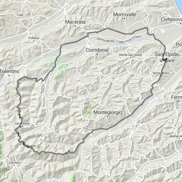 Miniatuurkaart van de fietsinspiratie "Lange fietsroute naar Gualdo met unieke hoogtepunten" in Marche, Italy. Gemaakt door de Tarmacs.app fietsrouteplanner