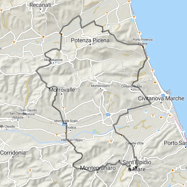 Miniatura della mappa di ispirazione al ciclismo "Circuiti tra colline e borghi medievali" nella regione di Marche, Italy. Generata da Tarmacs.app, pianificatore di rotte ciclistiche