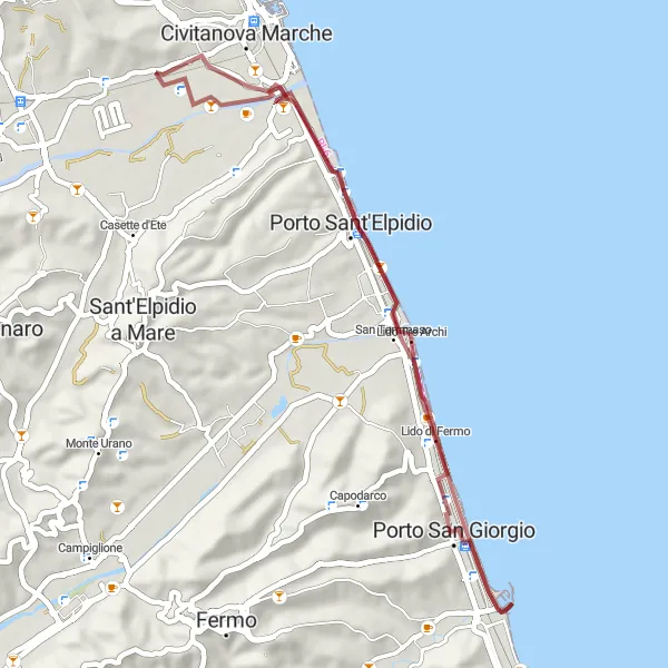 Miniatura della mappa di ispirazione al ciclismo "Percorso gravel tra Porto Sant'Elpidio e Lido Tre Archi" nella regione di Marche, Italy. Generata da Tarmacs.app, pianificatore di rotte ciclistiche