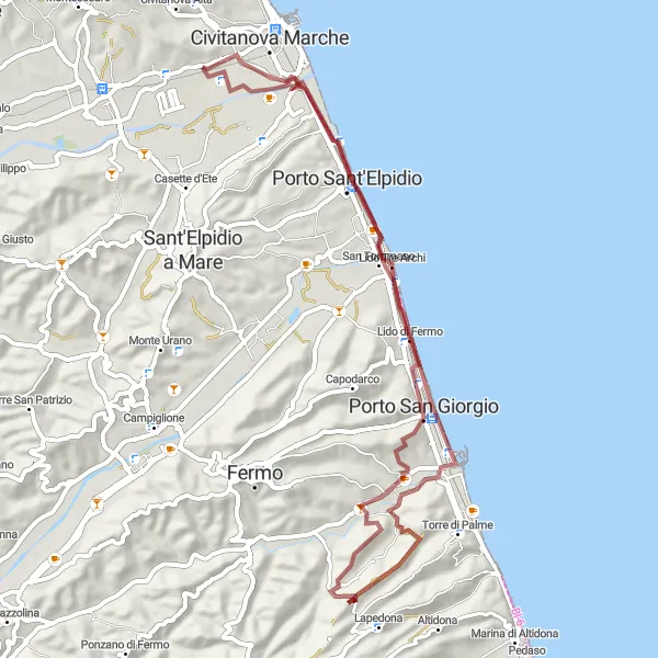 Miniatura della mappa di ispirazione al ciclismo "Avventura in gravel verso Lido Tre Archi" nella regione di Marche, Italy. Generata da Tarmacs.app, pianificatore di rotte ciclistiche