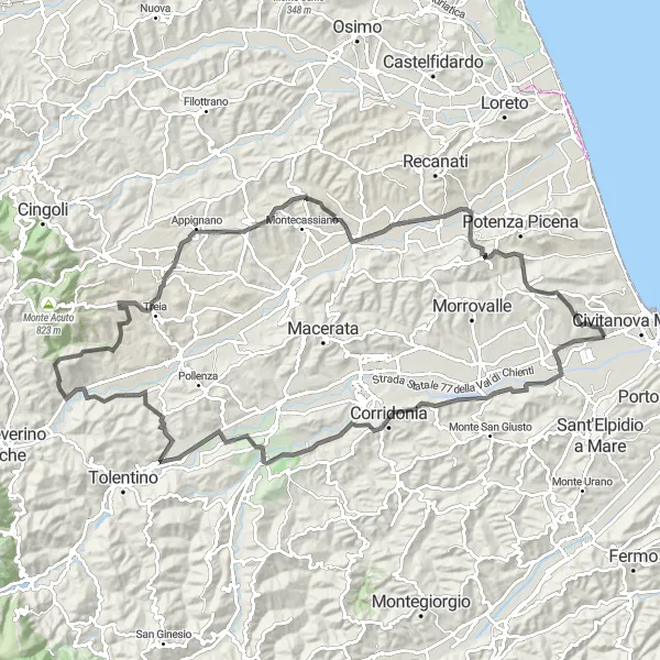 Miniatura della mappa di ispirazione al ciclismo "Giro in bici da Santa Maria Apparente a Montecosaro" nella regione di Marche, Italy. Generata da Tarmacs.app, pianificatore di rotte ciclistiche