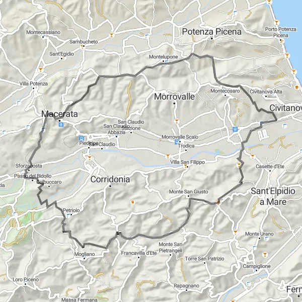 Map miniature of "Monte San Giusto Loop" cycling inspiration in Marche, Italy. Generated by Tarmacs.app cycling route planner