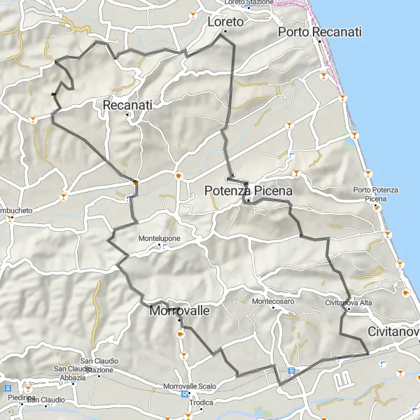 Miniature de la carte de l'inspiration cycliste "La Route des Cités Médiévales de Marche" dans la Marche, Italy. Générée par le planificateur d'itinéraire cycliste Tarmacs.app