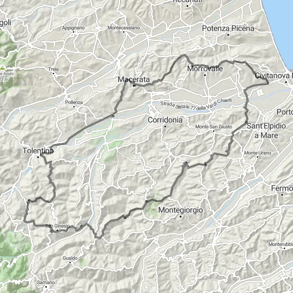 Miniatura della mappa di ispirazione al ciclismo "Giro panoramico da Montappone a Montecosaro" nella regione di Marche, Italy. Generata da Tarmacs.app, pianificatore di rotte ciclistiche