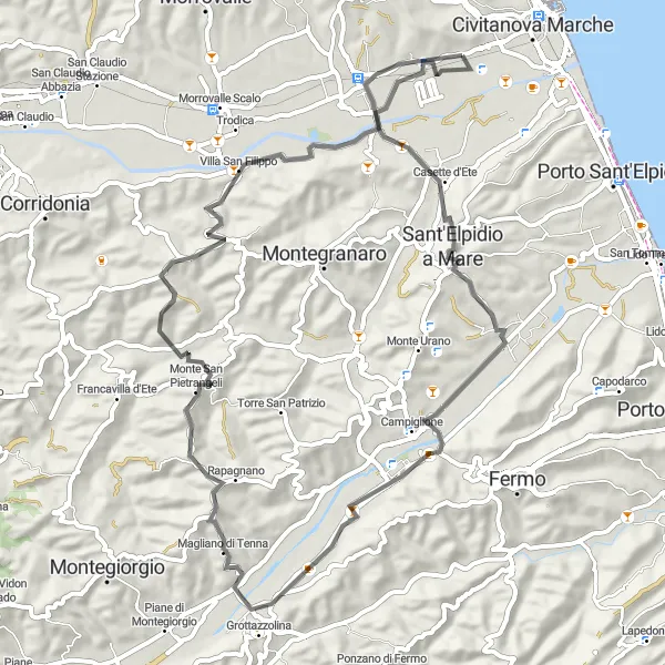 Miniature de la carte de l'inspiration cycliste "Le Chemin des Oliviers de Marche" dans la Marche, Italy. Générée par le planificateur d'itinéraire cycliste Tarmacs.app