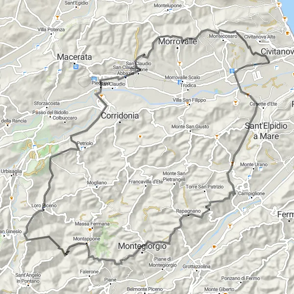 Map miniature of "Rolling Hills and Picturesque Towns" cycling inspiration in Marche, Italy. Generated by Tarmacs.app cycling route planner