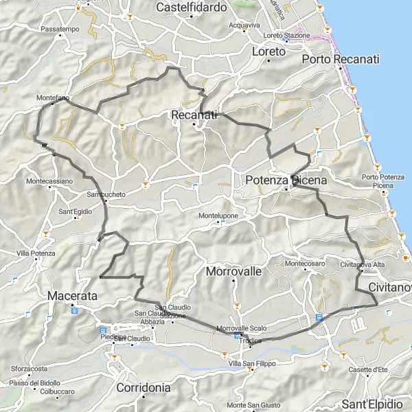 Miniatura mapy "Trasa wokół Santa Maria Apparente - Morrovalle Scalo, Montefano, Recanati, Veduta del Monte Conero e del Mare, Potenza Picena" - trasy rowerowej w Marche, Italy. Wygenerowane przez planer tras rowerowych Tarmacs.app
