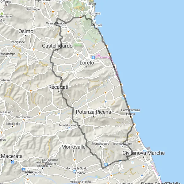 Map miniature of "Historic Towns and Scenic Routes" cycling inspiration in Marche, Italy. Generated by Tarmacs.app cycling route planner