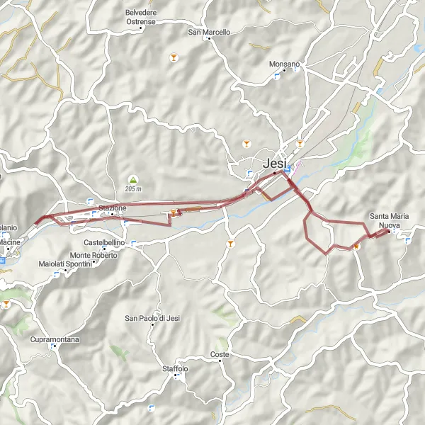 Map miniature of "Gravel Adventure to Jesi" cycling inspiration in Marche, Italy. Generated by Tarmacs.app cycling route planner