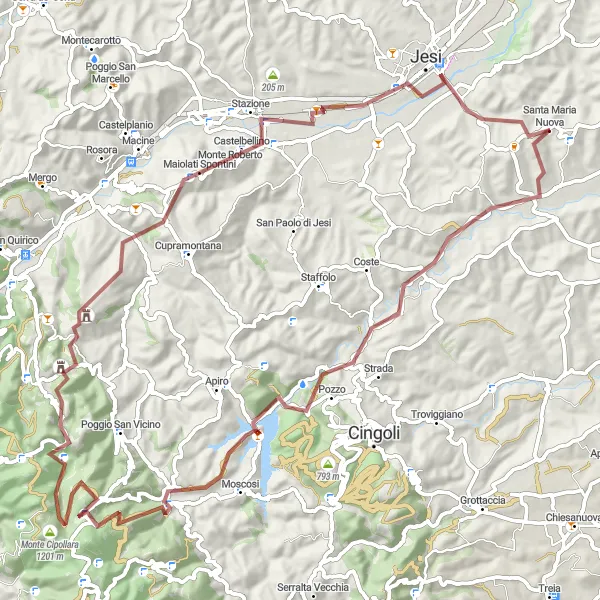 Map miniature of "Le Piagge - Coldigioco - Monte San Vicino - Castelbellino - Punto panoramico sul Fiume Esino - Jesi gravel Route" cycling inspiration in Marche, Italy. Generated by Tarmacs.app cycling route planner