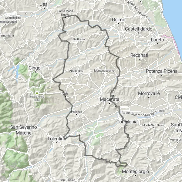 Miniatura della mappa di ispirazione al ciclismo "Giro in bicicletta attraverso Macerata e Urbisaglia" nella regione di Marche, Italy. Generata da Tarmacs.app, pianificatore di rotte ciclistiche