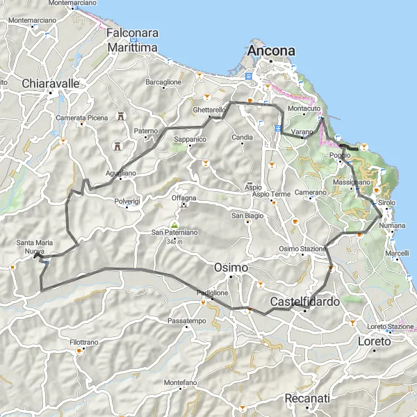 Miniatura della mappa di ispirazione al ciclismo "Avventura Ciclistica tra Colline e Borghi" nella regione di Marche, Italy. Generata da Tarmacs.app, pianificatore di rotte ciclistiche