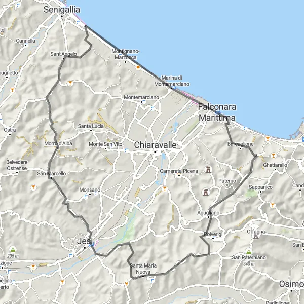 Miniatura della mappa di ispirazione al ciclismo "Esperienza Ciclistica in Città e Campagna" nella regione di Marche, Italy. Generata da Tarmacs.app, pianificatore di rotte ciclistiche