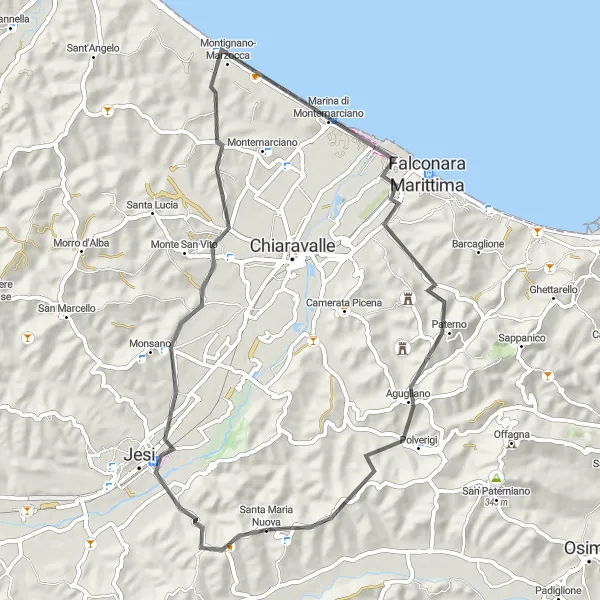 Map miniature of "From Santa Maria Nuova to Rocca Mare" cycling inspiration in Marche, Italy. Generated by Tarmacs.app cycling route planner