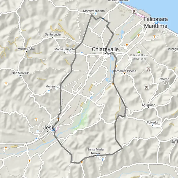 Map miniature of "Turrambus - Jesi, Montemarciano and Chiaravalle Route" cycling inspiration in Marche, Italy. Generated by Tarmacs.app cycling route planner