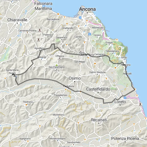 Map miniature of "Agugliano - Camerano - La Torre - Loreto - Campocavallo Route" cycling inspiration in Marche, Italy. Generated by Tarmacs.app cycling route planner