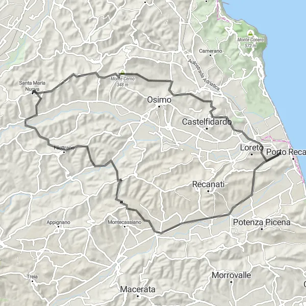 Miniature de la carte de l'inspiration cycliste "Le Tour des Montagnes de Filottrano" dans la Marche, Italy. Générée par le planificateur d'itinéraire cycliste Tarmacs.app