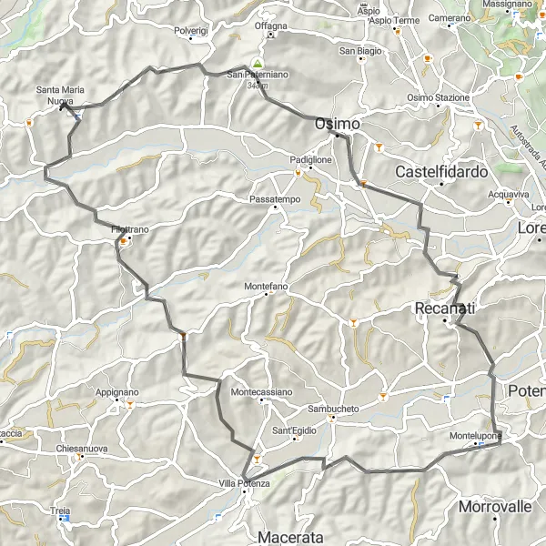 Map miniature of "Exploring the Hills of Osimo to Pradellona" cycling inspiration in Marche, Italy. Generated by Tarmacs.app cycling route planner