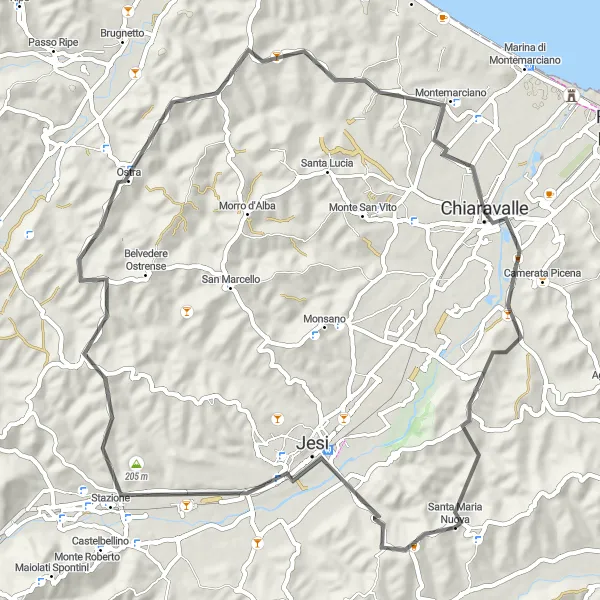 Miniatura della mappa di ispirazione al ciclismo "Esplorazione in biciletta di Jesi e Chiaravalle" nella regione di Marche, Italy. Generata da Tarmacs.app, pianificatore di rotte ciclistiche