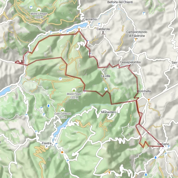 Miniature de la carte de l'inspiration cycliste "Les collines médiévales de Sarnano" dans la Marche, Italy. Générée par le planificateur d'itinéraire cycliste Tarmacs.app