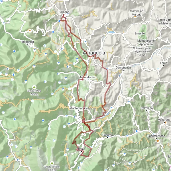 Map miniature of "The Gravel Panorama" cycling inspiration in Marche, Italy. Generated by Tarmacs.app cycling route planner