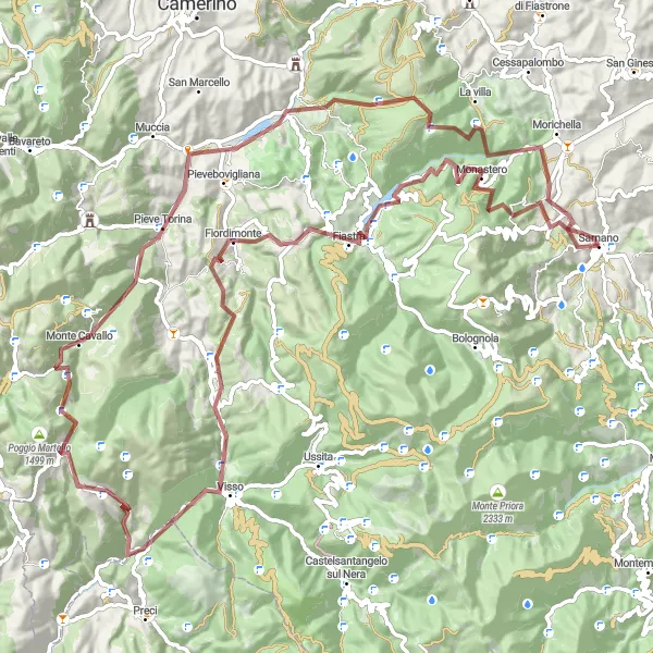 Miniatura della mappa di ispirazione al ciclismo "Sarnano - Monte Aguzzo" nella regione di Marche, Italy. Generata da Tarmacs.app, pianificatore di rotte ciclistiche