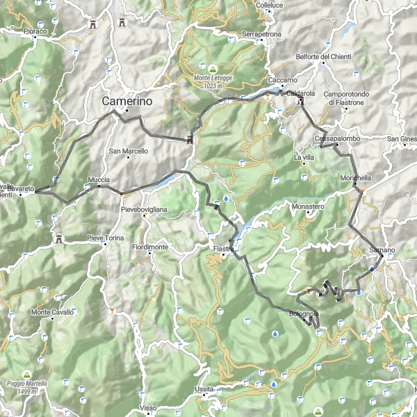 Map miniature of "Sarnano - Pizzo di Meta - Sarnano (Short Version)" cycling inspiration in Marche, Italy. Generated by Tarmacs.app cycling route planner