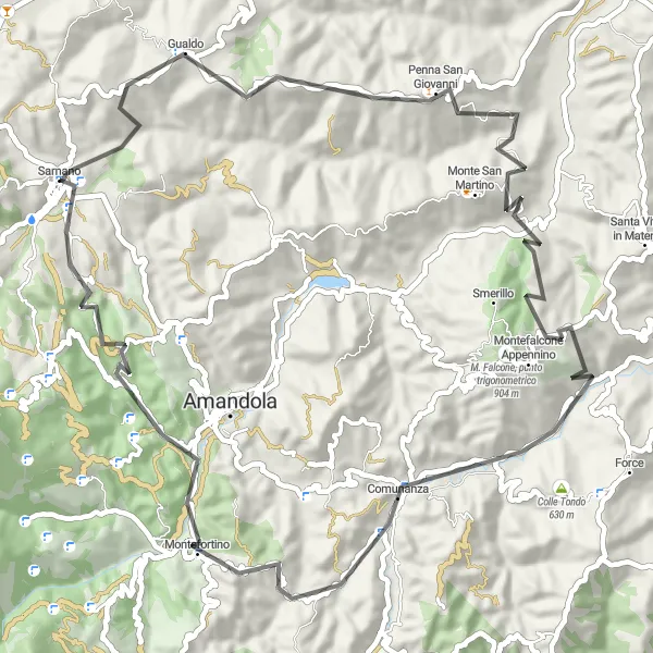 Miniatuurkaart van de fietsinspiratie "Sarnano - Gualdo - Penna San Giovanni - Montefalcone Appennino - Comunanza - Colle di Sant'Andrea - Montefortino - Sarnano" in Marche, Italy. Gemaakt door de Tarmacs.app fietsrouteplanner