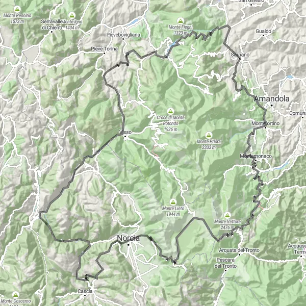 Miniature de la carte de l'inspiration cycliste "Tour des montagnes des Marches" dans la Marche, Italy. Générée par le planificateur d'itinéraire cycliste Tarmacs.app