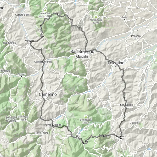 Map miniature of "The Ultimate Road Challenge" cycling inspiration in Marche, Italy. Generated by Tarmacs.app cycling route planner