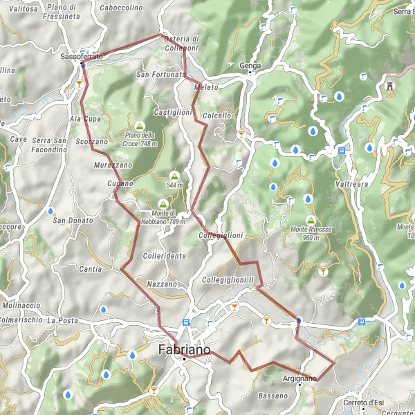 Map miniature of "Colle Berbellone and Fabriano Gravel Cycling Route" cycling inspiration in Marche, Italy. Generated by Tarmacs.app cycling route planner