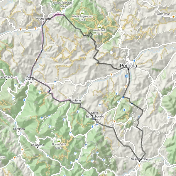 Karten-Miniaturansicht der Radinspiration "Hügelige Straßenfahrt nach Monte Calvello" in Marche, Italy. Erstellt vom Tarmacs.app-Routenplaner für Radtouren