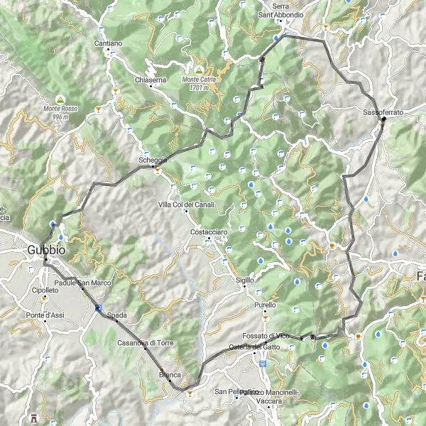 Miniatuurkaart van de fietsinspiratie "Fietsroute rond Sassoferrato via Gubbio" in Marche, Italy. Gemaakt door de Tarmacs.app fietsrouteplanner