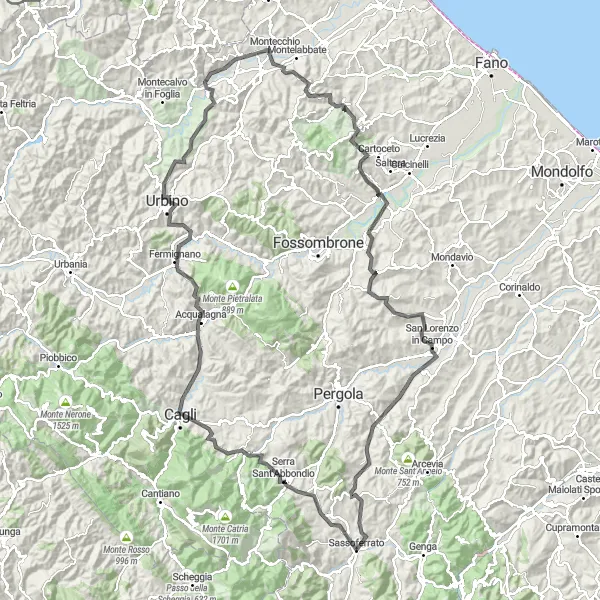 Miniatura della mappa di ispirazione al ciclismo "Sassoferrato - Serra Sant'Abbondio - Monte Zamponi - Urbino" nella regione di Marche, Italy. Generata da Tarmacs.app, pianificatore di rotte ciclistiche