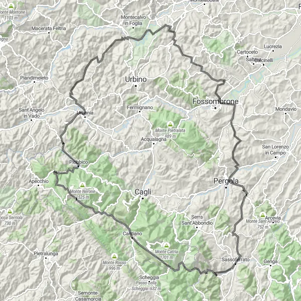 Map miniature of "Mountainous Landscapes" cycling inspiration in Marche, Italy. Generated by Tarmacs.app cycling route planner