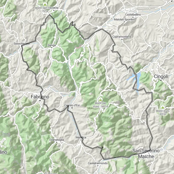 Map miniature of "Fabriano Circuit" cycling inspiration in Marche, Italy. Generated by Tarmacs.app cycling route planner