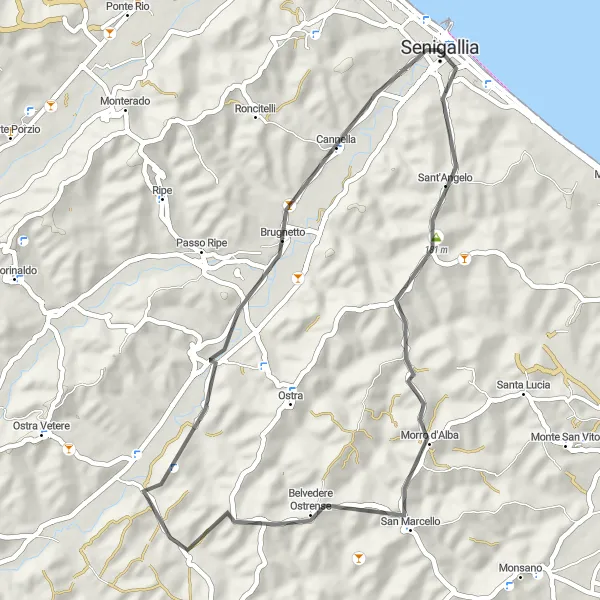 Map miniature of "Tour of Senigallia" cycling inspiration in Marche, Italy. Generated by Tarmacs.app cycling route planner