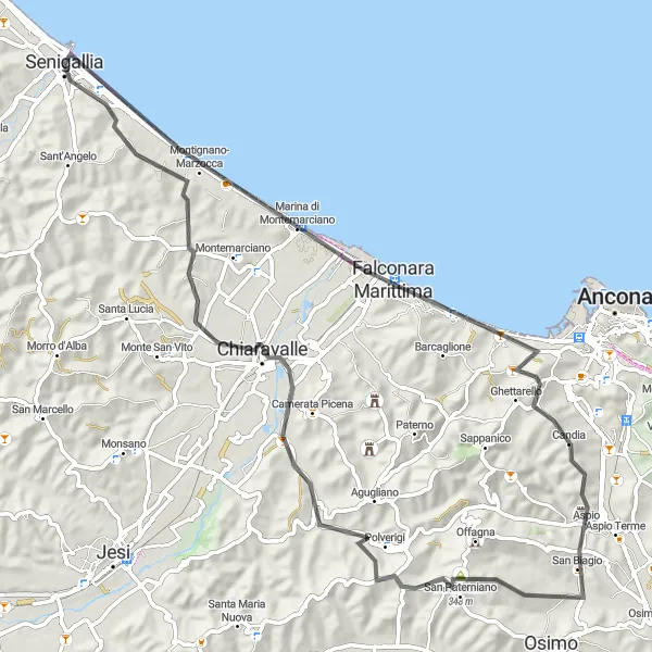 Miniatuurkaart van de fietsinspiratie "Avontuurlijke tocht naar Chiaravalle" in Marche, Italy. Gemaakt door de Tarmacs.app fietsrouteplanner