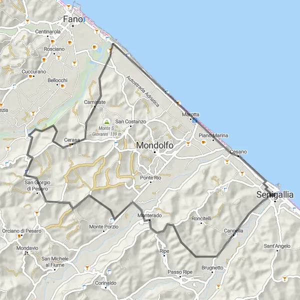 Map miniature of "Pesaro Panorama Ride" cycling inspiration in Marche, Italy. Generated by Tarmacs.app cycling route planner