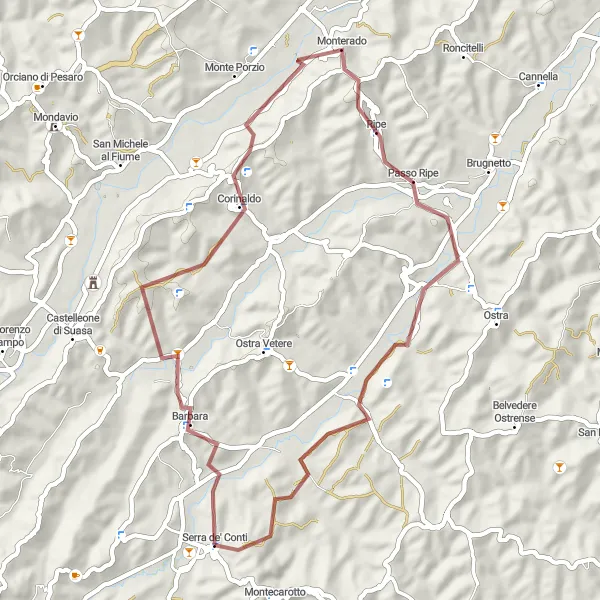 Miniatura della mappa di ispirazione al ciclismo "Tra colline e borghi medievali" nella regione di Marche, Italy. Generata da Tarmacs.app, pianificatore di rotte ciclistiche