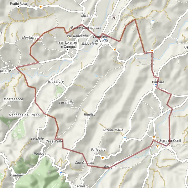 Karten-Miniaturansicht der Radinspiration "Rundtour von Serra de' Conti: San Pietro in Musio, Castelleone di Suasa und Barbara entdecken" in Marche, Italy. Erstellt vom Tarmacs.app-Routenplaner für Radtouren