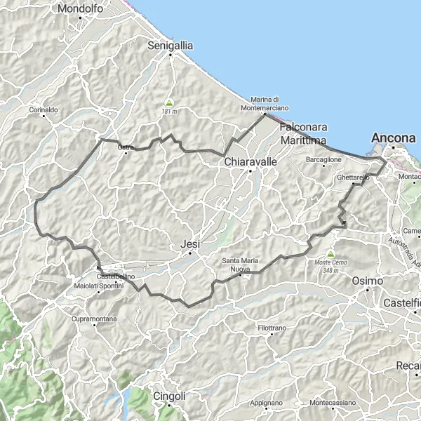 Miniatuurkaart van de fietsinspiratie "Verkenning van Mole Vanvitelliana en Monte Forcello" in Marche, Italy. Gemaakt door de Tarmacs.app fietsrouteplanner