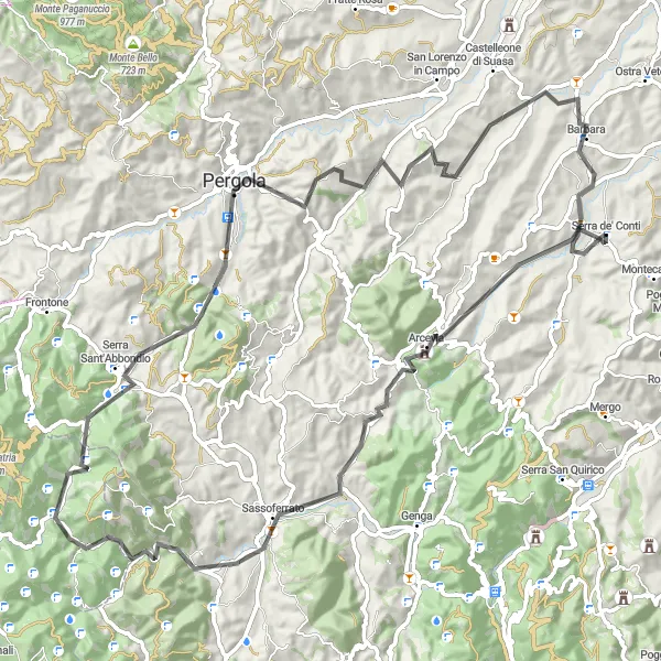 Miniatura della mappa di ispirazione al ciclismo "Scoperta dei Monti circostanti" nella regione di Marche, Italy. Generata da Tarmacs.app, pianificatore di rotte ciclistiche