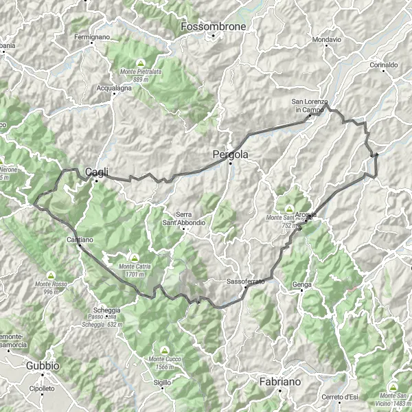 Miniatura della mappa di ispirazione al ciclismo "Avventura su strada da Arcevia a Monte San Leo" nella regione di Marche, Italy. Generata da Tarmacs.app, pianificatore di rotte ciclistiche